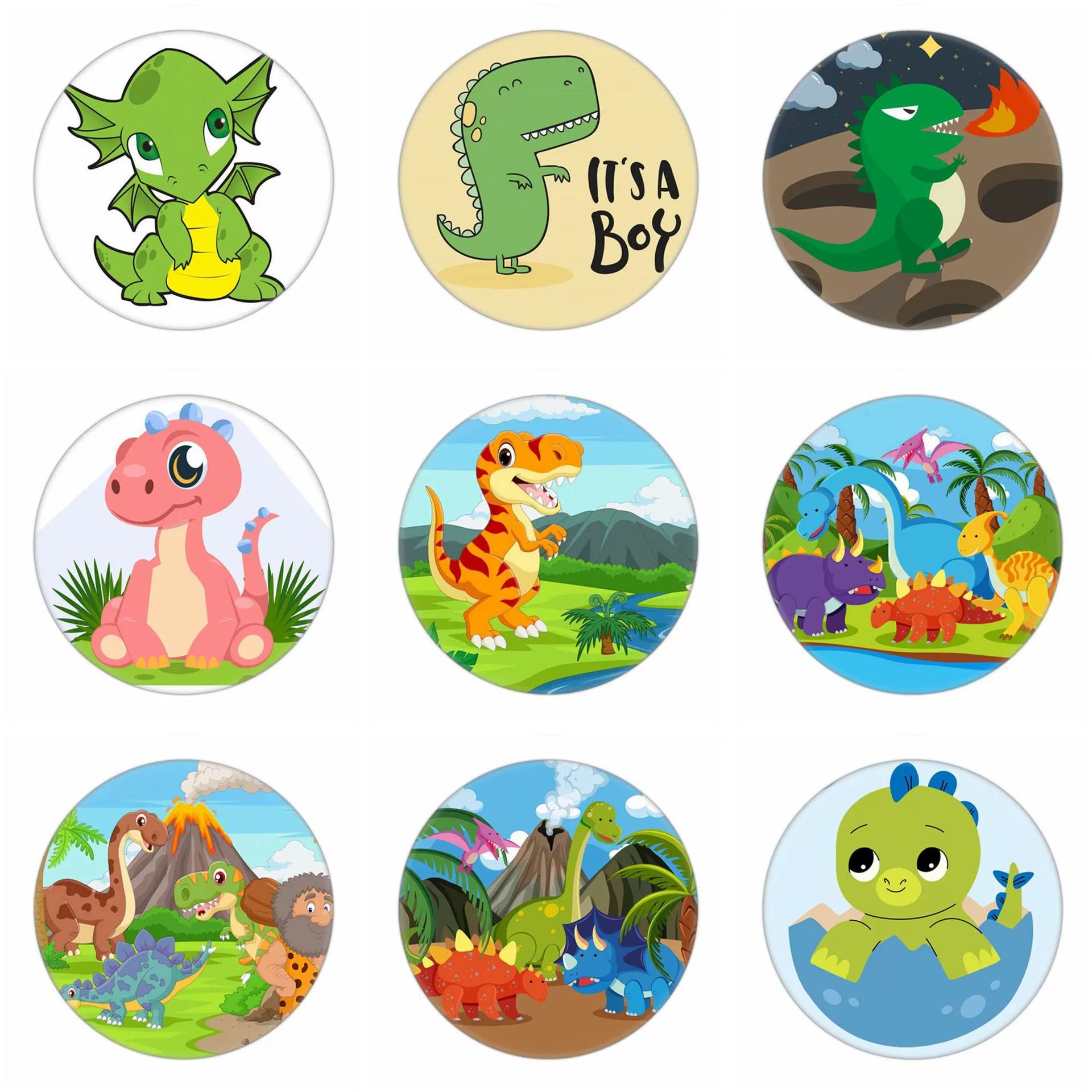30 pcs Cartoon Dinosaur Button Badges - Designs 39-41