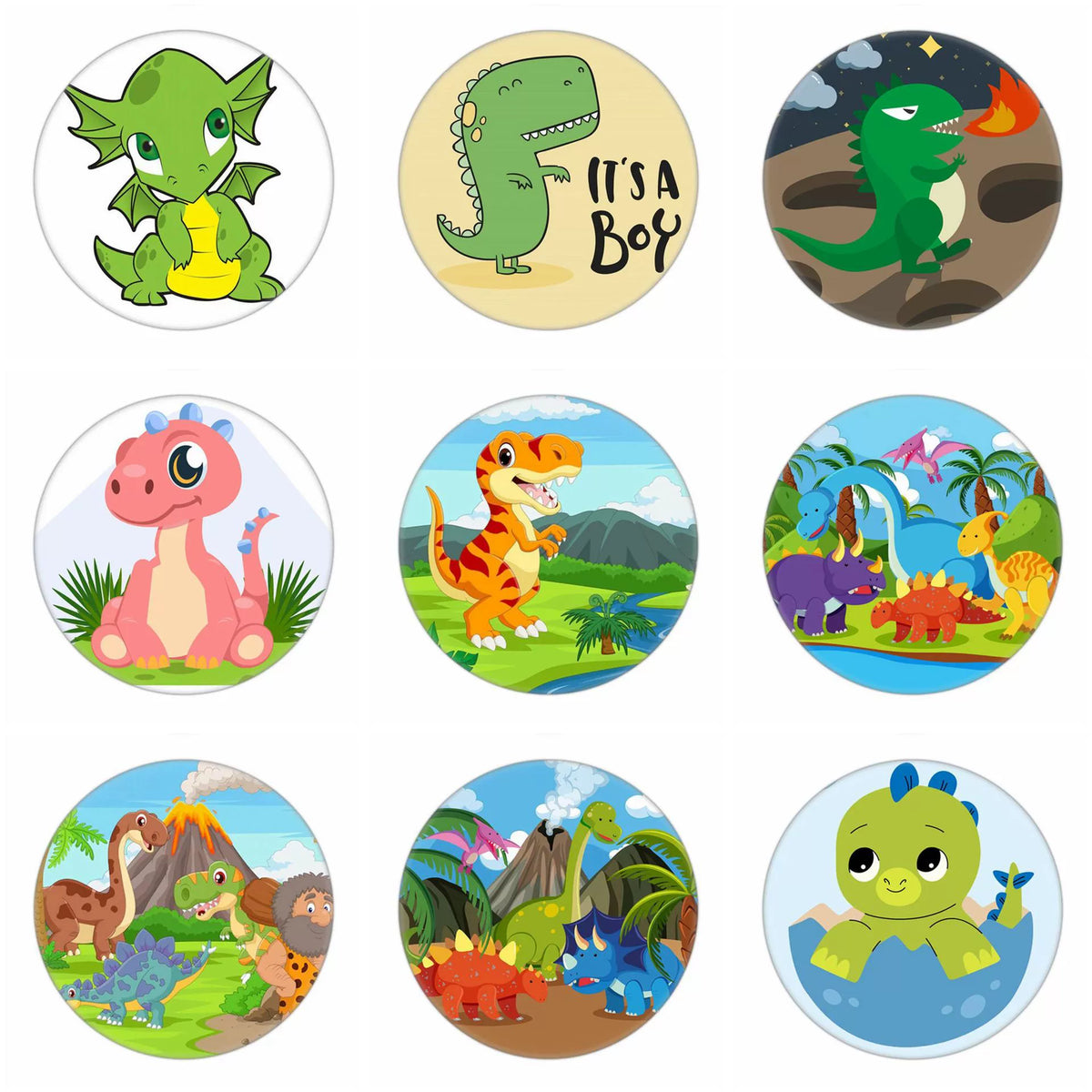 30 pcs Cartoon Dinosaur Button Badges - Designs 39-41